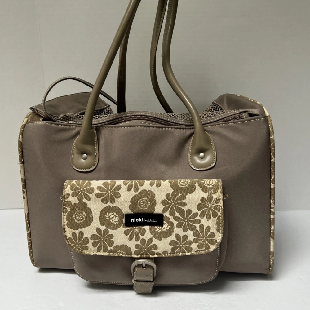 Nicole Miller Portable Pet Carrier Puppy Dog Cat Travel Tote Bag Tan Floral